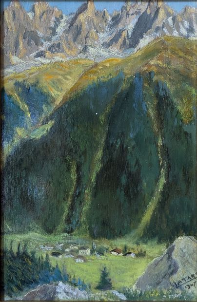 J. JATARD***: HAMLET IN THE MOUNTAINS. Oil...