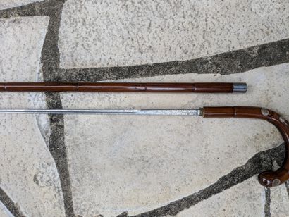 Sword cane. Varnished rushwood shaft, white...