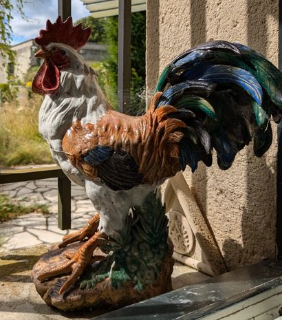 Polychrome barbotine earthenware rooster....