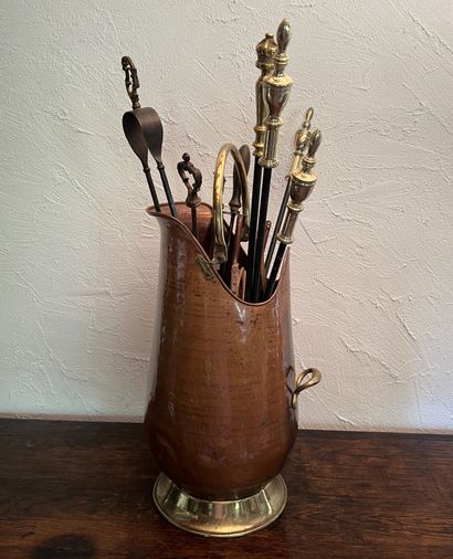 Yellow and red copper coal bucket. A few...
