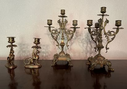 Pair of five-light bronze torches, the arms...