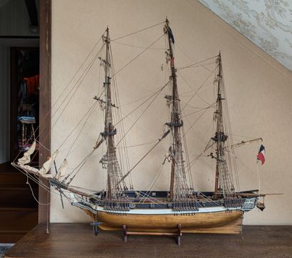 Model of a three-masted ship in wood, rope...