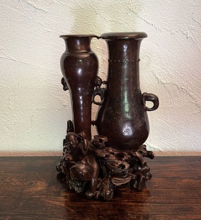 Chinese hardstone double vase with engraved...