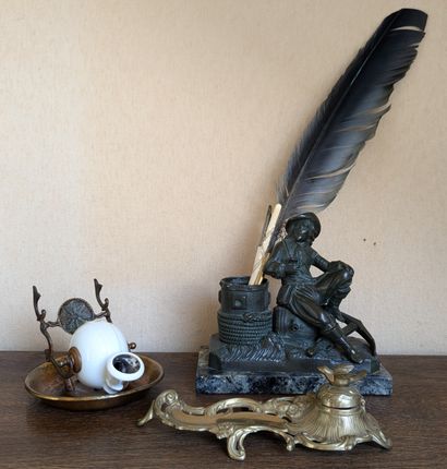 Set of inkwells: one in porcelain metal and...