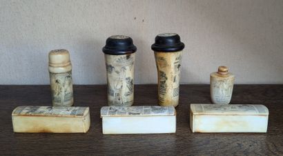 Three cricket boxes, a snuffbox and three...