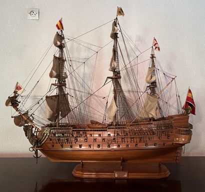 Model of a three-masted ship in wood, painted...