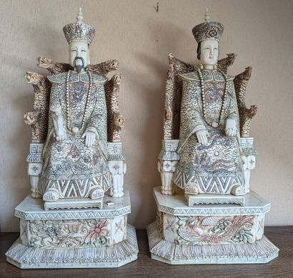 Pair of statues in bone and bone plates with...