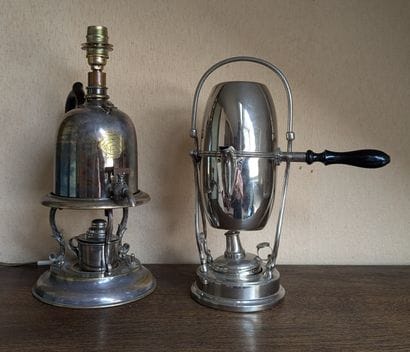 Small silver-plated metal water stove, mounted...