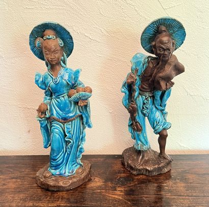 Pair of partially turquoise-glazed stoneware...