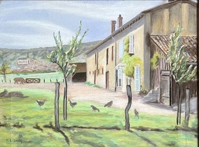 Ecole NAIVE : COUR DE FERME. Pastel, signé...