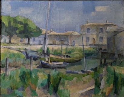 Ecole MODERNE : PAYSAGE AUX BARQUES. Huile...