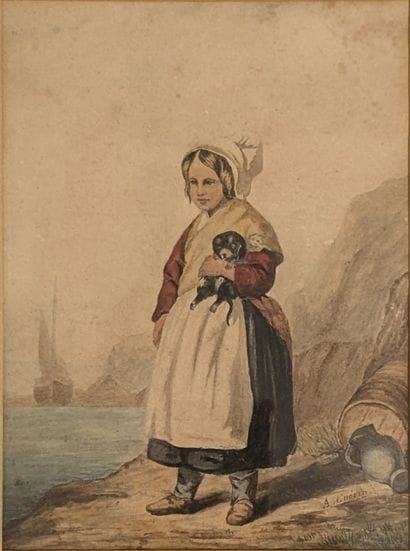 A. GUERIN*** : FILLETTE AU CHIOT. Aquarelle,...