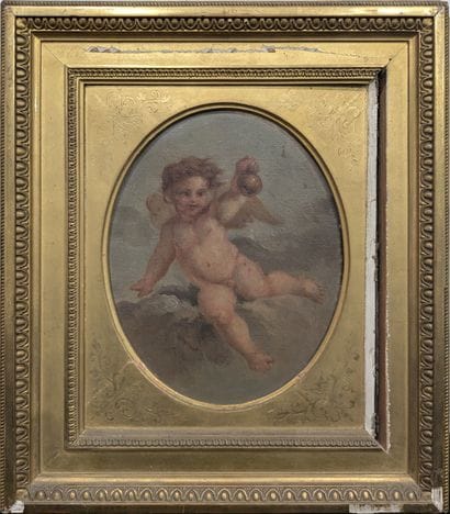 Ecole du XIXe siècle : PUTTO TENANT UNE BOULE...