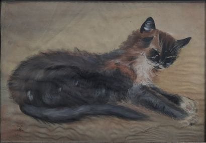Ecole VIETNAMIENNE : CHAT ALLONGE. Encre...