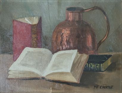 M. COURTOT*** : NATURE MORTE AU LIVRE. Huile...