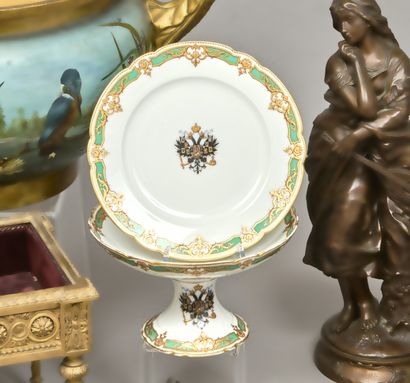 Porcelain bowl on pedestal and plate, the...