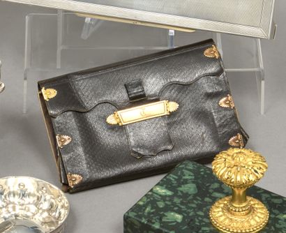 Black leather wallet, 18K (750) yellow gold...