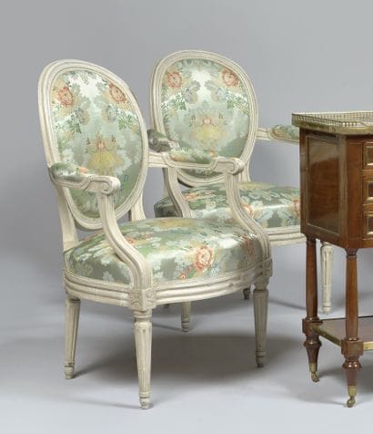 Pair of armchairs in cream lacquered wood,...