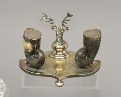 Desk inkwell in silver-plated metal, the...