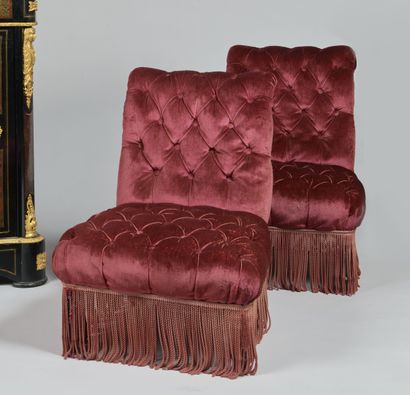 Pair of red velvet upholstered lounge chairs,...