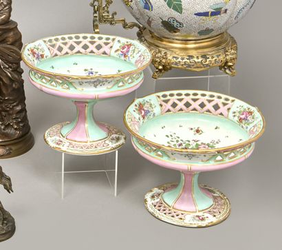 Pair of large white, green and pink porcelain...