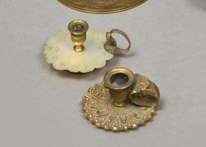 Set: - small gilt bronze hand candlestick,...