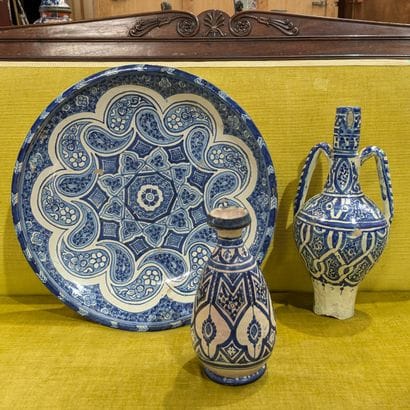 Set of North African ceramics with blue monochrome...