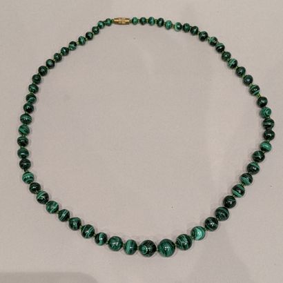 Necklace of falling malachite balls, metal...
