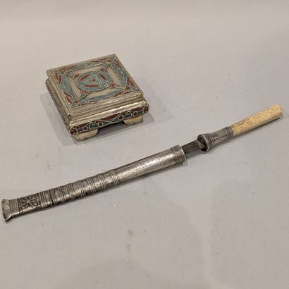 Trinkets: square gilded metal box with blue...