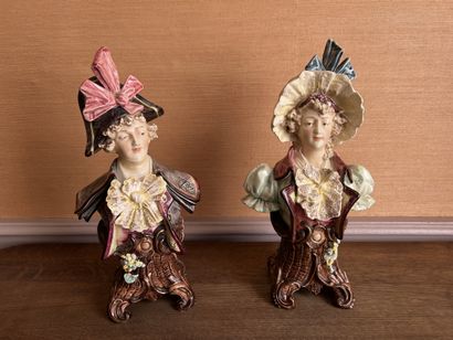 Pair of polychrome enameled earthenware busts...
