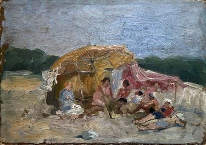 Ecole MODERNE : A LA PLAGE. Huile sur panneau....
