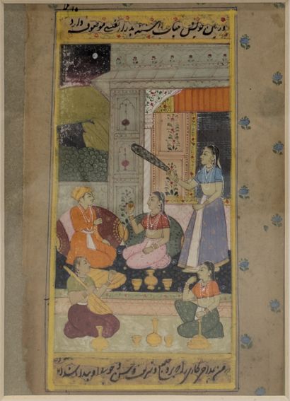 Mughal miniature: PALACE SCENE WITH MUSICIAN....