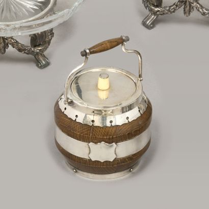Wooden and silver-plated barrel-shaped stilton...