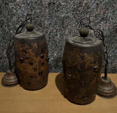 Two glass lanterns in imitation Corten steel,...