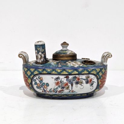 Oblong porcelain inkwell with polychrome...