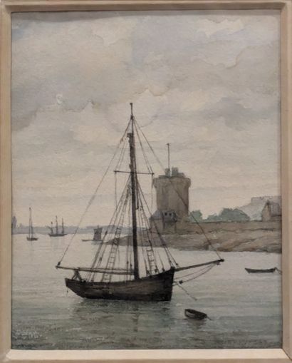 FRENCH SCHOOL circa 1900: ANCHORED SAILBOAT...