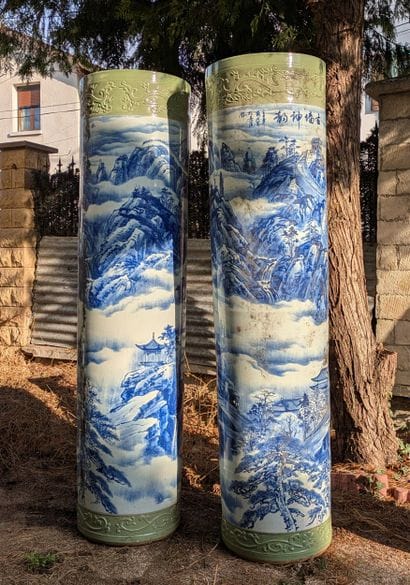 Pair of large porcelain scroll vases, decorated...