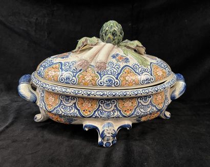 Large oval earthenware terrine with polychrome...