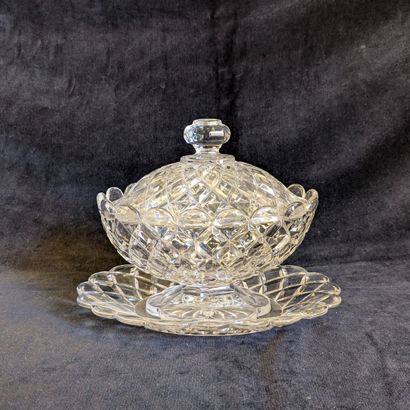 Oval covered sugar bowl on display tray,...