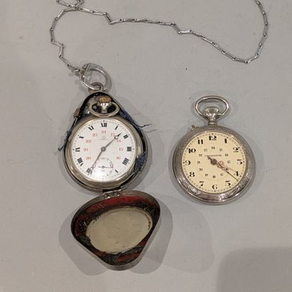 Metal pocket watch, white enameled dial,...