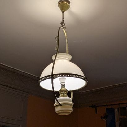 Hanging lamp with brass mounting, white opaline...