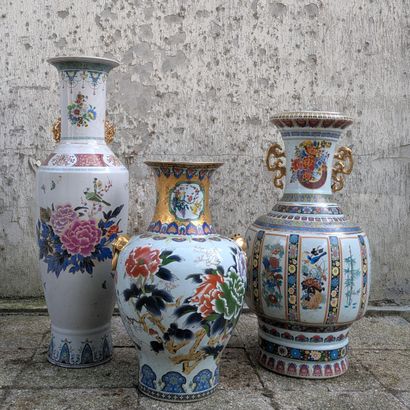 Set of three porcelain vases with lithographed...
