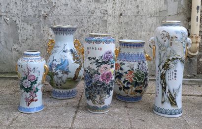 Five porcelain vases decorated in polychrome...