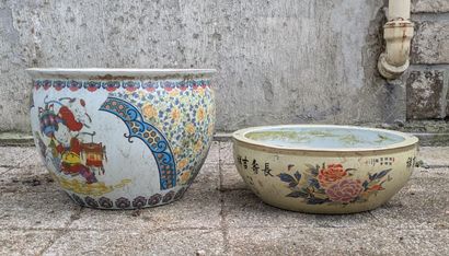 Two porcelain basins with lithographed decoration,...