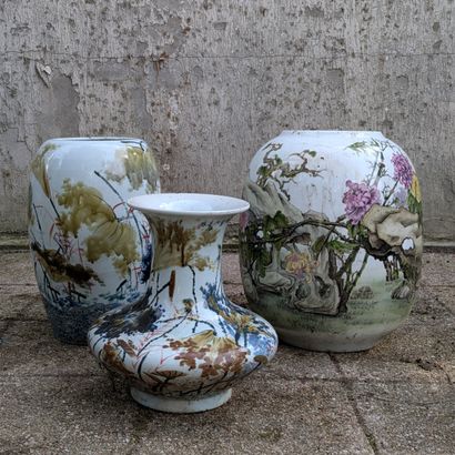 Set of three porcelain vases, two ovoid and...