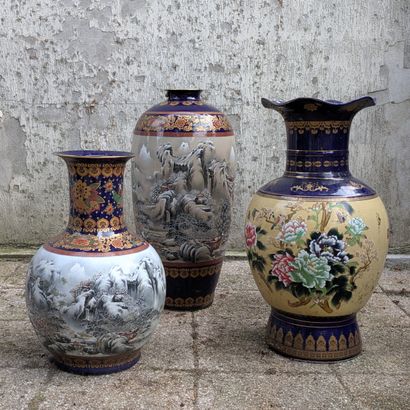 Set of three porcelain vases, two baluster-shaped,...