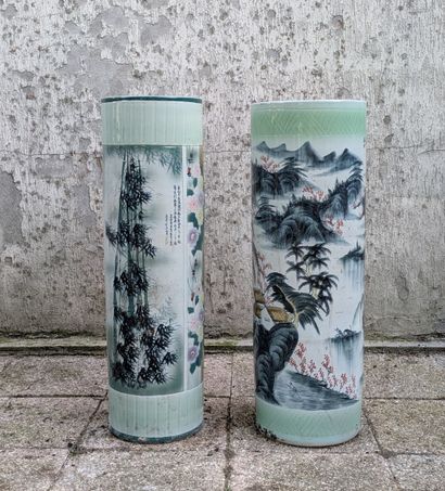 Two porcelain scroll vases, one decorated...