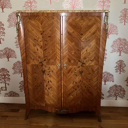 Rosewood-style cabinet with floral marquetry....
