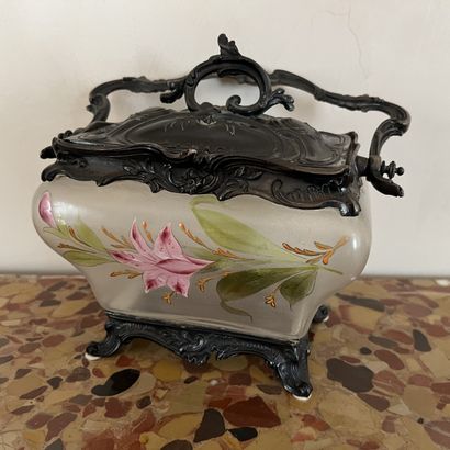Enameled glass cookie box with lilies. Lid,...