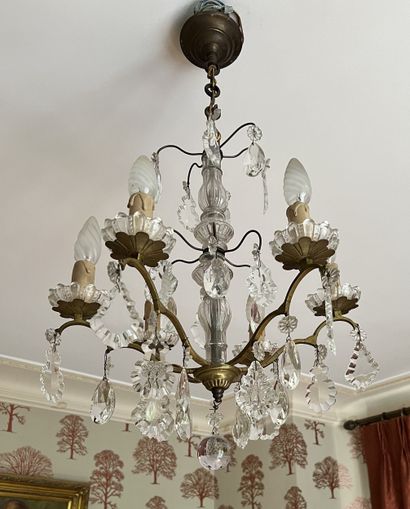 Six-arm chandelier, bronze frame, trimmed...